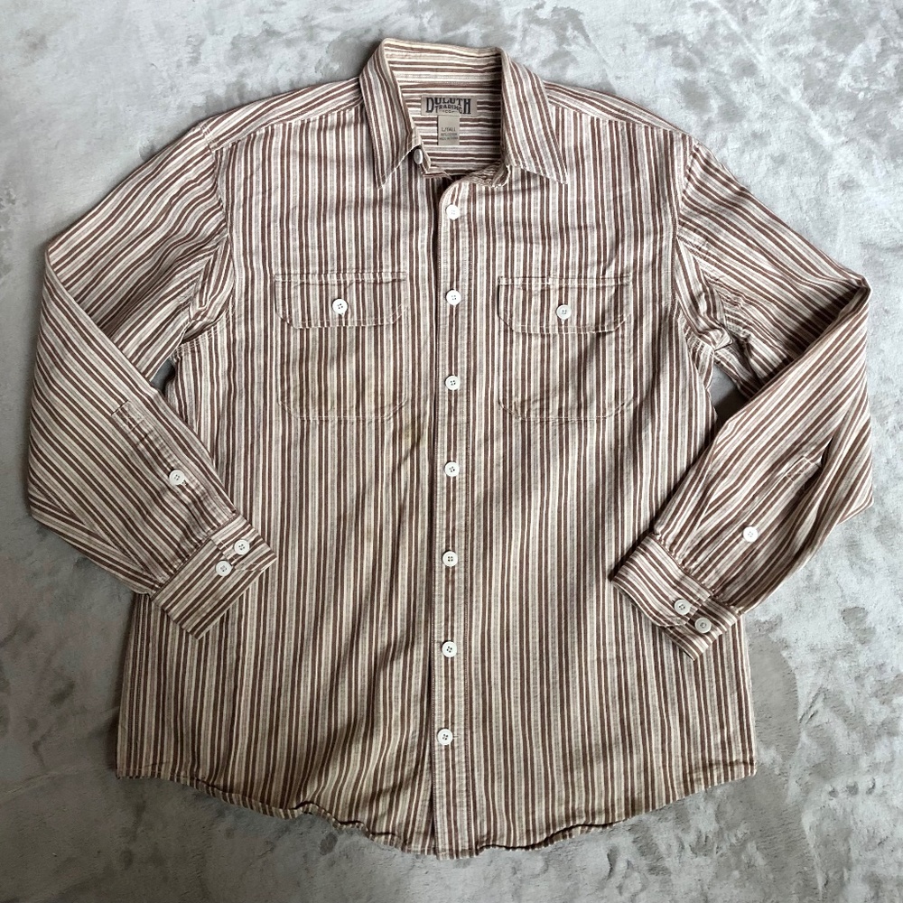 Duluth Trading Co. Vintage Striped Brown Button Down Shirt Jacket